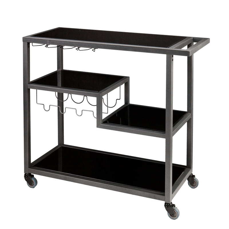 Black and Gray Glass Rolling Bar Cart With Wine Storage