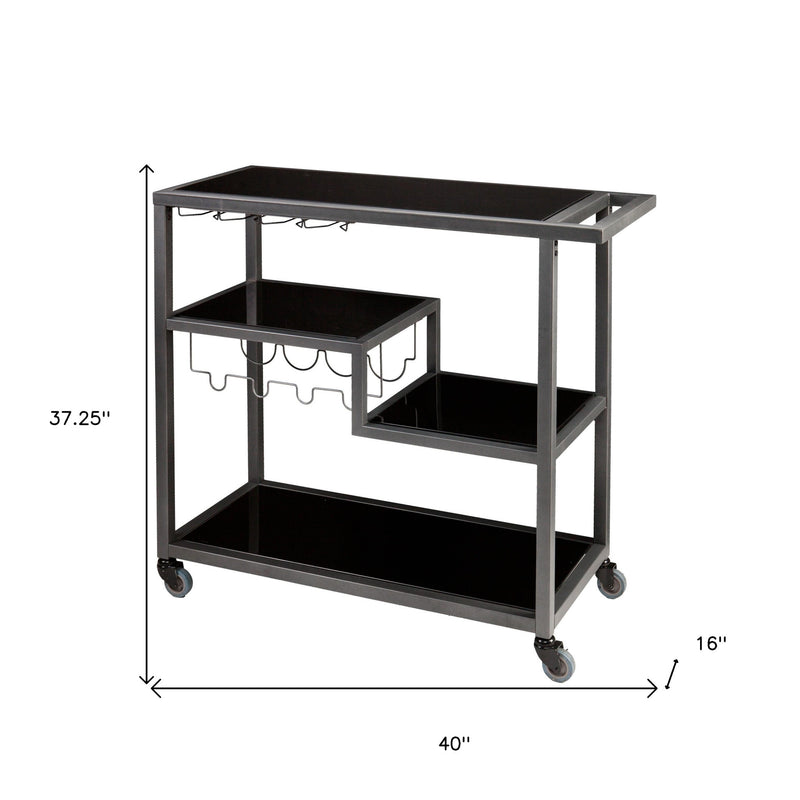 Black and Gray Glass Rolling Bar Cart With Wine Storage